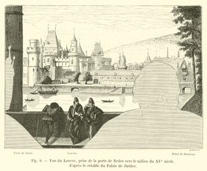 Kilátás a Louvre-ra, a Porte de Nesles-ből a 15. század közepe táján, a Palais de Justice oltárképe után alkotó: French School