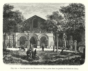 Kilátás a párizsi Palais des Thermesre, a Hôtel de Cluny kertjéből (metszet) alkotó: French School