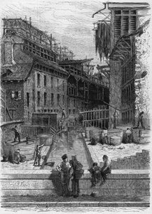 Kilátás egy bőrgyárra és bőrmosó létesítményre a párizsi Bievre partján alkotó: French School