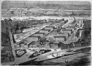 A nantes-i Hotel Dieu (Hotel-Dieu) külső képe, 1863-ban avatták fel. Ez a kórház csaknem teljesen megsemmisült egy 1943-as bombatámadás során. Loire Atlantique (44). Metszet a "Le Monde Illustre" 347. sz.-ban, 1863. december 5. alkotó: French School