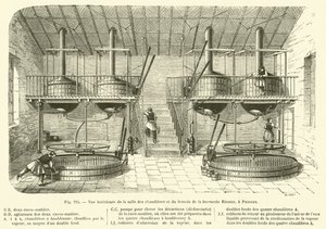 A puteaux-i Riester sörfőzde kazánházának és sörfőzdéjének belső képe (metszet) alkotó: French School