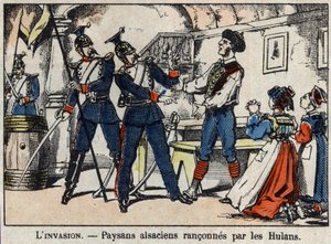 1870-es háború Franciaország és Poroszország között: az elzászi parasztok, akiket a hulánok (ulánok, houlánok) űztek el Epinalról. alkotó: French School