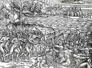Háborús jelenet, Brazília, illusztráció a "Singularities of France Antarktique" című filmből, Andre de Thevet, 1558 alkotó: French School