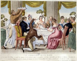 Esküvői étkezés, harisnyakötő rituálé - c. 1812. alkotó: French School