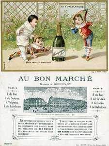 Milyen szerencse! egy üveg pezsgő; a párizsi Bon Marché Áruházak promóciós kártyájának eleje és hátlapja, 1895 körül alkotó: French School