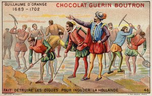 Orániai Vilmos lerombolja a töltéseket, hogy lehetővé tegye Hollandia elöntését (chromolitho) alkotó: French School