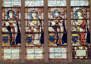 Louis de Bourbon (1465-1520) La Roche-sur-Yon hercegét, Louise de Bourbont († 1561) Montpensier Comtesse, II. Louis de Bourbon (1513-82) Montpensier herceget és Jacquette de Longwy-t ábrázoló ablak. alkotó: French School