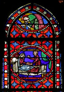 Ablak, amely jelenetet ábrázol Saint Bonnet életéből: Egy vak nő gyógyulása alkotó: French School