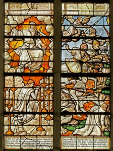 Jeleneteket ábrázoló ablak a Jelenések könyvéből (festett üveg) alkotó: French School