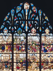 Ablak jeleneteket ábrázol Szent István és Szent Lőrinc életéből, a Bonne-Mort kápolnából alkotó: French School