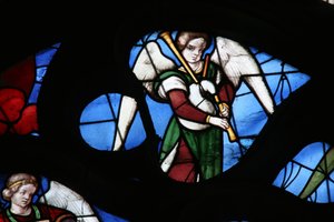 Zenés angyalt ábrázoló ablak alkotó: French School