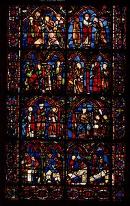 St. Cheron életének jeleneteit ábrázoló ablak alkotó: French School