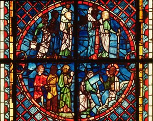 Ablak a Szűz-kápolnából, amely az izraelitákat a sivatagban és Mózest a Sínai-hegyen ábrázolja, 1240-50 körül alkotó: French School