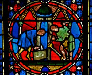 Az n2-C ablak, amely az Issoire-i templomot építő St Austremoine-t ábrázolja alkotó: French School
