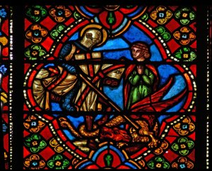 Ablak n3, amely Szent György életének jeleneteit ábrázolja; megöli a sárkányt alkotó: French School