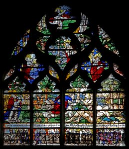 Ablak w120, amely a Teremtést és a Confrérie de Charité tagjait ábrázolja alkotó: French School