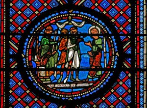 A w14-es ablak Simon Mágust és Szent Pétert ábrázolja Heródes előtt alkotó: French School
