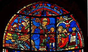 A w19-es ablak, amely Szent Miklóst ábrázol, megment egy gyermeket alkotó: French School