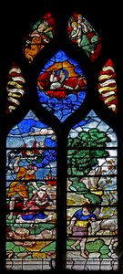 Abrahámot és Izsákot ábrázoló w2 ablak: az angyal közbelép az áldozatnál alkotó: French School