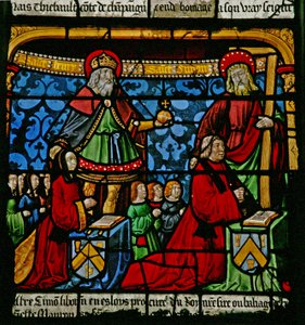W3-as ablak, amely adományozókat ábrázol – Henriette de Mauroy és Simon Liboron gyermekeikkel, valamint védőszentjei, cirénei Szent Henrik és Simon alkotó: French School
