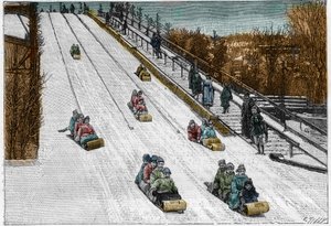 Téli játék és sport: a Tobogan csúszda, hullámvasút a Montreal Parkban, Kanadában. Metszet a „” természetbe. Tudományos folyóirat és alkalmazásai a művészetben és az iparban. alkotó: French School