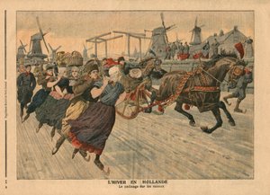 Tél Hollandiában, korcsolyázás a csatornán, illusztráció a 