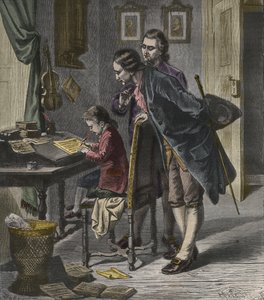 Wolfgang Amadeus Mozart versenyművet ír édesapja, Leopold jelenlétében, illusztráció a „La Musique Populaire”-ből alkotó: French School