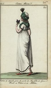 Nő az 1798-as divat szerint (kézzel színezett rézmetszet) alkotó: French School