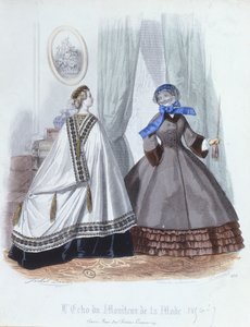 Nők köpenyben és kabátban, divattányér a LEcho du Moniteur de la Mode-tól, 1856-7 alkotó: French School