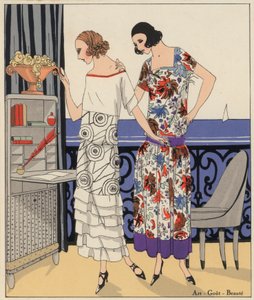Az 1920-as évek női divatja Philippe és Gaston és Martial és Armand tervezőktől. (színes litográfia) alkotó: French School