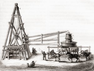 Munkások a körhinta és csörlő segítségével a 19. századi franciaországi Grenelle-i artézi kutak fúrására a „Les Merveilles de la Science”-ből, 1870 körül (metszet) alkotó: French School