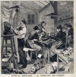 A Mardi Gras fesztivál (Mardi-Gras) álruháihoz való maszkok gyártási műhelye. A „Le Petit Parisien” című kötetben 1897.02.14 alkotó: French School