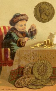 Fiatal német bankár, aki német márkákat mér, egy sor promóciós kártya sorozatából, amely különböző országok pénznemeire vonatkozik, a Baster & Vieillemard kiadó Párizsban, a Chocol csokoládégyártó általi használatra.