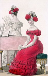 Fiatal nő krepp estélyi ruhában, kidolgozott fejdísszel, hirdetés Modes de Parisban, 1825 körül alkotó: French School