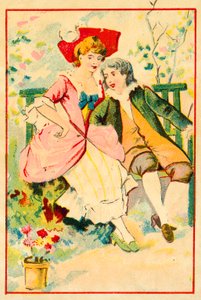 Fiatal pár egy padon a kertben (chromolitho) alkotó: French School