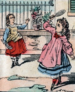 Fiatal lányok, akik harci dore-t és tollaslabdát játszanak, tollaslabdához hasonló korai játék - Epinal kép - 19. század (metszet) alkotó: French School
