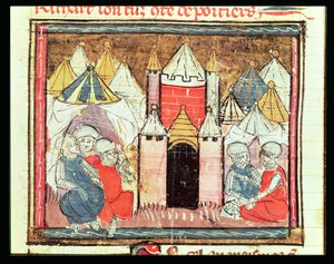 f.259r Chateau-Gaillard ostroma 1204-ben, amikor Philip Augustus francia (1165-1223) legyőzte János (Lackland) angol királyt (1199-1216), a Grandes Chroniques de France-ból, 1375-79 alkotó: French School