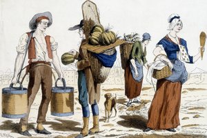 a 18. századi párizsi viseletek illusztrációja: vízhordó, dinnyekereskedő, chiffonnier, örömök kereskedője. alkotó: French School