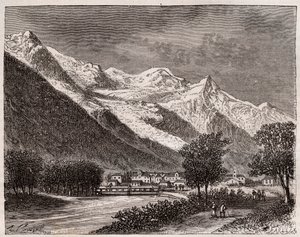 a chamonix-völgy és a mont Blanc – V.A. Malt-Brown „La France illustrée: földrajz, történelem, statisztikai igazgatás” című metszete. 1884 alkotó: French School