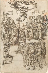 Remény, Mennyország felé nyúlva, Szomorú és boldog emberek között áll, Örömök és Félelem [fol. 19 recto]