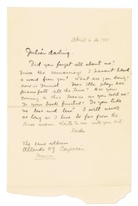 Aláírt autográf levél ("Frida") Julien [Levy] részére, Coyoacán, 1941. április 6. (toll és tinta, papír) alkotó: Frida Kahlo