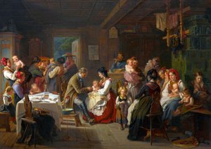 Vaccination contre la variole a la campagne – Himlő elleni védőoltás vidéken – Friedrich Adolph Hornemann (1813-1890). Olajfestmény alkotó: Friedrich Adolph Hornemann