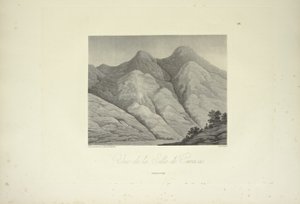 A Silla de Caracas képe, Marchais rajza, Bouquet metszet, illusztráció a „Kordillerák és az amerikai őslakosok emlékművei” című művéből, Alexander von Humboldt és Aime Bonpland