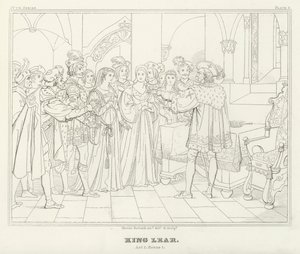 Lear király, I. felvonás, 1. jelenet (metszet) alkotó: Friedrich August Moritz Retzsch