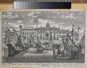 Genova tervrajza, amely a Királyi hidat, a Mercanzia Új hidat és a Szent György-palotát ábrázolja a tenger felől nézve, 1750 körül (metszet) alkotó: Friedrich Bernhard Werner