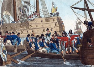 Bonaparte Napóleont az angolok foglyaként hozták a Bellerophonból Northumberlandbe 1815. augusztus 8-án - Campe, August Friedrich Andreas (1777-1846) - Rézkarc, akvarell - 21,6x26,8 - Magángyűjtemény