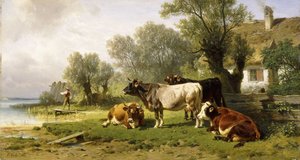 Szarvasmarha a folyó menti tanyaudvarban halászszal azon túl, 1881