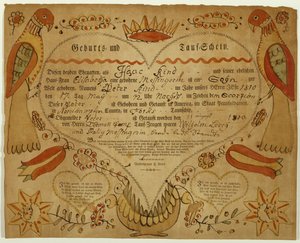 Születési és keresztelési anyakönyvi kivonat, c. 1790-1800 (ökörfesték, akvarell és metszet fektetett papírra) alkotó: Friedrich Krebs
