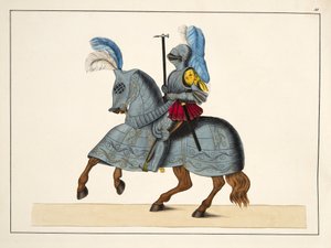 Lovag és ló páncélban, tábla Dr. Franz Kottenkamp "A lovagság fejlődésének és szokásainak története" című művéből, Carl Hoffmann kiadása, 1842.