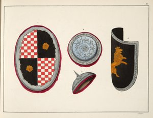 Pajzsok, tábla a "A lovagi élet fejlődésének és szokásainak története" című könyvből, írta Dr. Franz Kottenkamp, kiadó: Carl Hoffmann, 1842. alkotó: Friedrich Martin von Reibisch